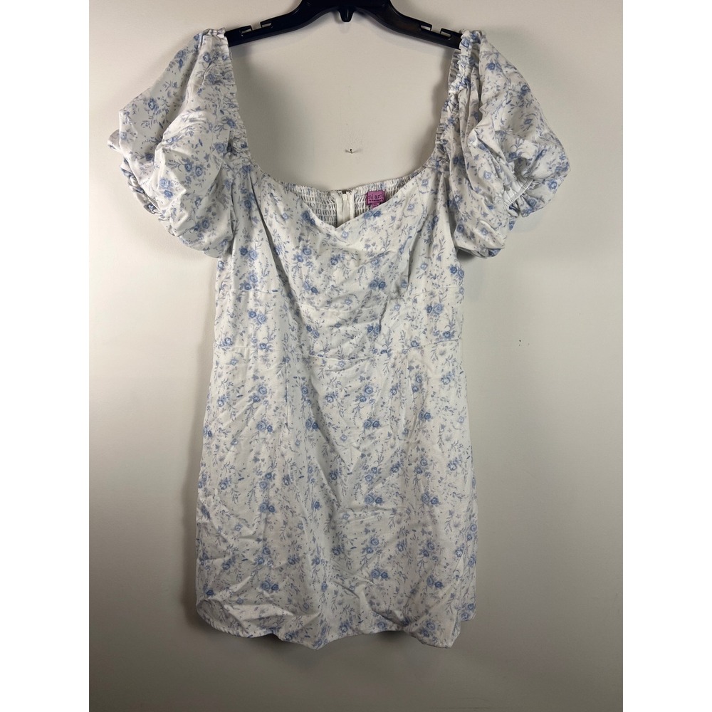 Francescas Floral Print Puff Sleeve Smocked Mini Dress White Blue‎ Sz XL NWT